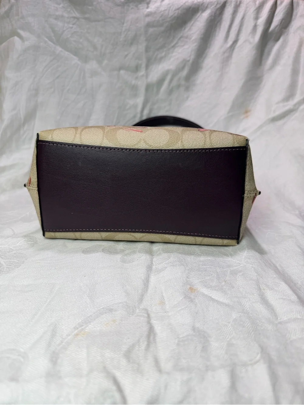 Coach Beige Signature Canvas Tote with Pink & Red Heart Print